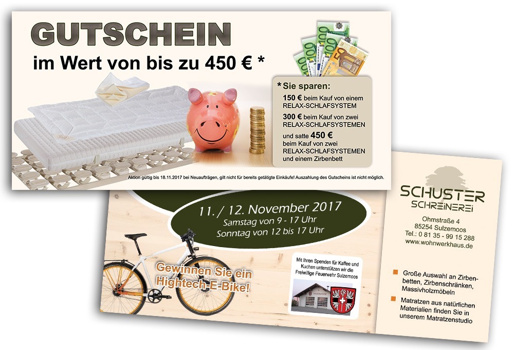Schreinerei Schuster – Gutschein Postkarte / Flyer